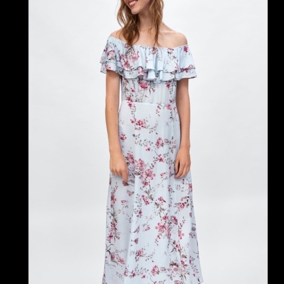 ZARA Floral Off the Shoulder Maxi Dress sz medium soft silky 100% viscose - Picture 2 of 5